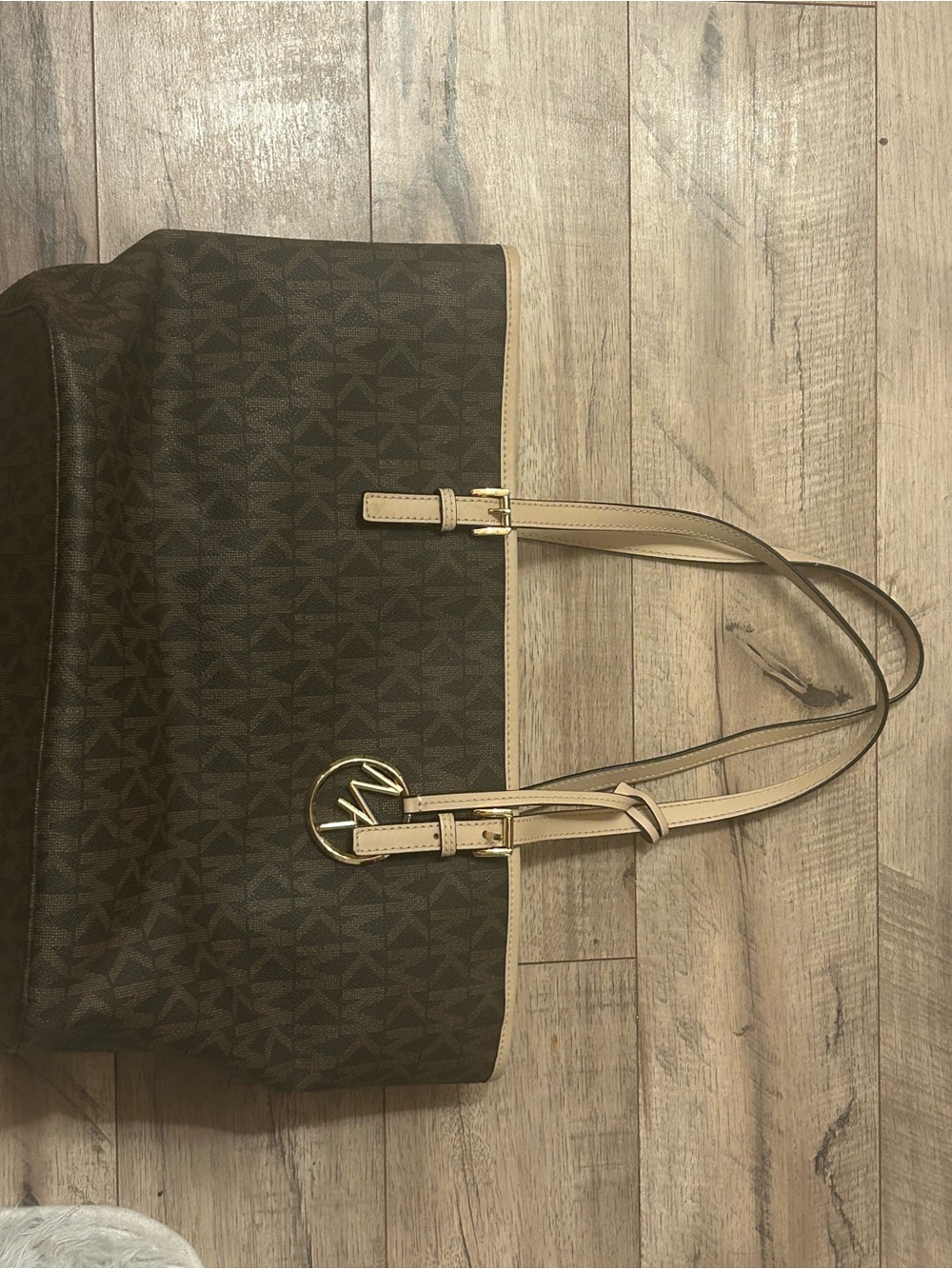 Michael Kors Brown Logo Tote with Beige Handles and Gold Accent